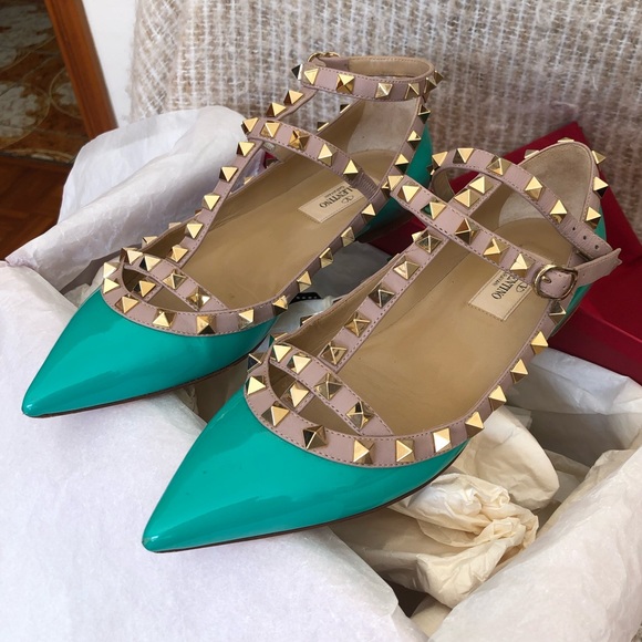 Valentino Garavani Rockstud Turquoise Cage Ballet Flat Studded Shoes Size 36 - Picture 3 of 16